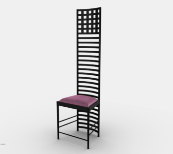 Hill House 1 by Charles Rennie Mackintosh: A dark chair with a tall back of parallel ladder-like bars across the back. Additionally, the cushion is a small pink seat. 