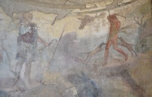 Fresco mural in situ representando o mito de Actaeon na Casa de Menandro, Pompeia
