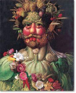 A painting by Arcimboldo of a man made out of fruit and plants. 