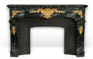 Custom-made Regence style marble fireplace mantel with gilded bronze ornaments.