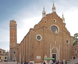 East front with the bell tower, Santa Maria dei Frari, Venice, Italy.