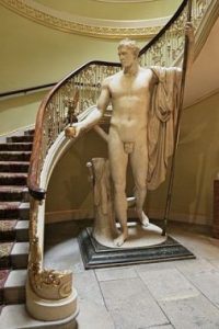 Photo of the while stone statue of Napoleon as Mars the Peacemaker, by Antonio Canova. 