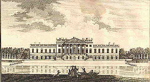 Wanstead House. A drawing showing a grand entrance portico, arched windows, huge blocks of basement, and pavilions adorned by arched "Venetian" windows. Three people are in the foreground. 