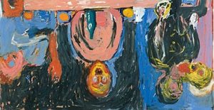  Nachtessen in Dresden [Supper in Dresden] by Georg Baselitz, 1983.: A blurry painting of four men spread throughout the photo, they look scared, upset and are shown in bright colors with expressive faces. 