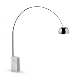 Arc Floor Lamp.: A light metal lamp with a semicircle shade and a skinny trunk. 