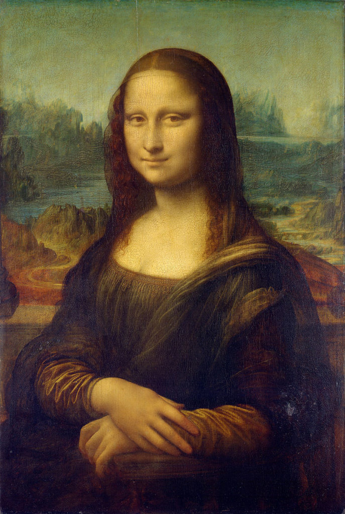 The Mona Lisa by Leonardo da Vinci, which depicts a smirking woman with brown hair. 