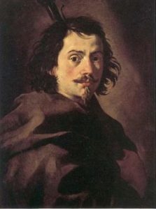 Portrait de Francesco Borromini : Il est représenté dans une tenue marron, avec des cheveux mi-longs et une moustache bouclée. De plus, la pièce semble assez ancienne.