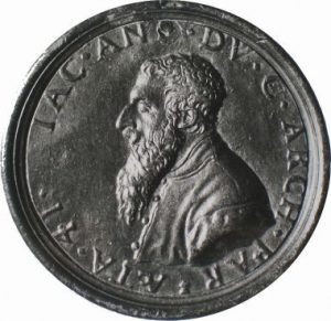 Jacques I Androuet du Cerceau's portrait on a metal coin.