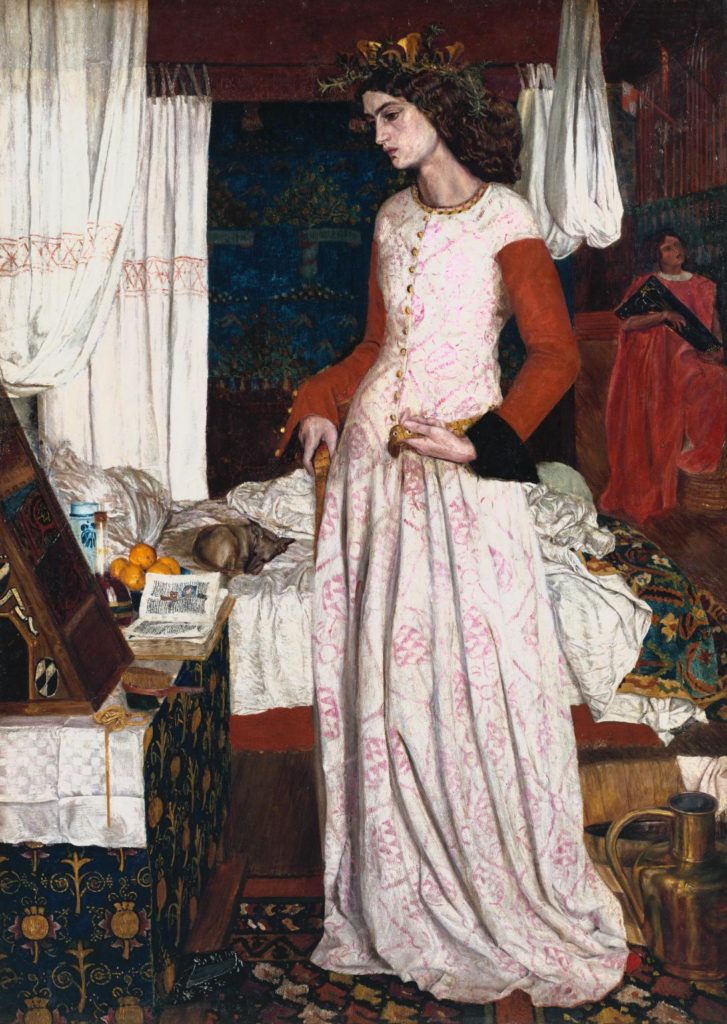 La Belle Iseult (1858) William Morris: A painting of a lady in a white dress by a bed looking sad. 