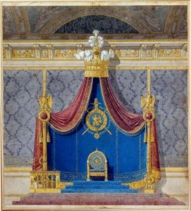 Drawing of the Throne of Napoleon I by Charles Percier and Pierre Fontaine: A grand gold throne with a blue backdrop and a red curtain with gold trim. 