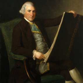 A portrait of robert adam, he sits in a green chair with a large book in his hand. 