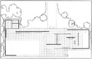 Plan du pavillon de Barcelone : un dessin du plan du bâtiment.