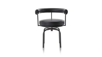 The Siège Pivotant - LC7 armchair: A black-cushioned armchair with silver, skinny metal arms and legs. 