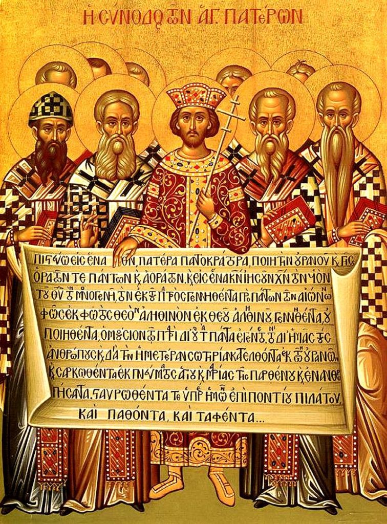 An Eastern Christian icon depicting Emperor Constantine and the Fathers of the First Council of Nicaea (325) as holding the Niceno–Constantinopolitan Creed of 381.