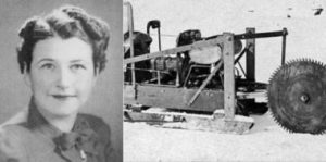 A photo of Tabitha Babbitt on the left and the circular saw on the right.