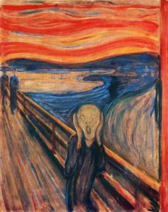 The Scream - by Munch. In the foreground there is a male figure that seems to scream, in the background there are two figures that seem to be walking away. 