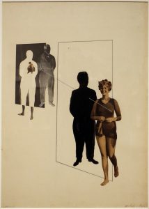 László Moholy-Nagy, gelosia, 1927, fotomontaggio (george eastman museum, rochester NY): Photo of a woman on the right with a string attached to a man on the left who is abstract in appearence. 