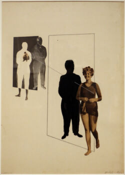 László Moholy-Nagy, gelosia, 1927, photomontage (musée george eastman, rochester NY) : photo d'une femme à droite avec une ficelle attachée à un homme à gauche qui a une apparence abstraite.