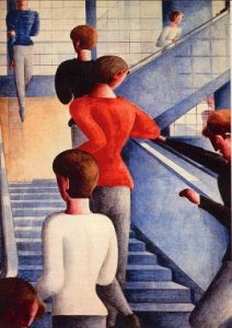 A wall painting by Oscar Schlemmer in Bauhaus building: individuals climbing stairs. The individual in the center of the photo has a bright red sweater on. 