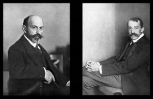 Hermann Muthesius (a sinistra) e Henry Van de Velde (a destra), leader intellettuali del Werkbund . di rmeycanyegin: Foto in bianco e nero dei due uomini uno di fronte all'altro. 