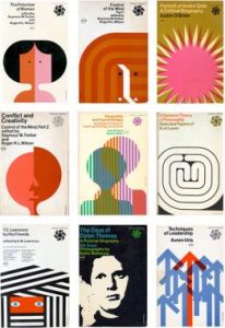 9 different Book covers, by Rudolph de Harak, which focus heavily on simplistic harsh graphic design elements. 