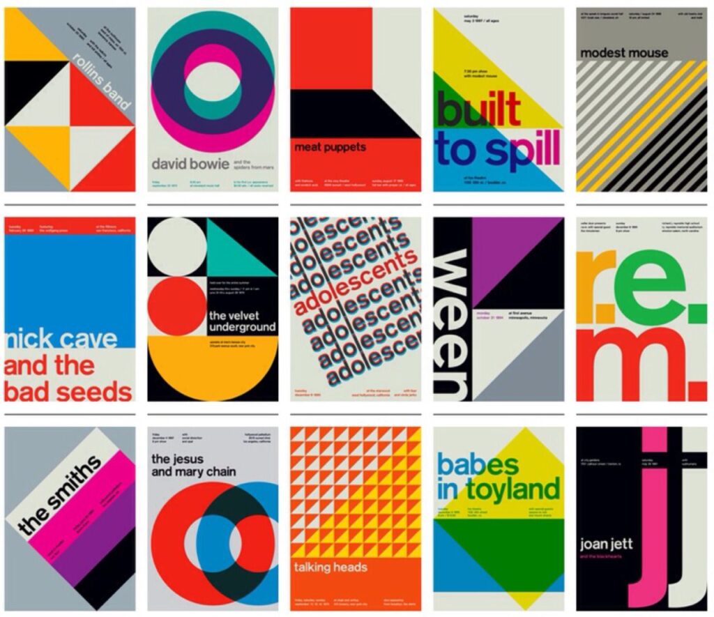 Music posters designed by Mike Joyce, following in the foorspets of Swiss Style; made between the 1970s and the 1980s.

