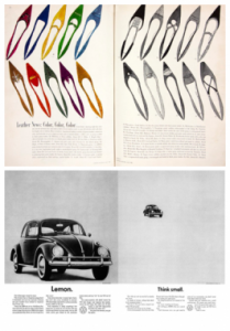 Antes e depois: revista de 1952, com o texto em fonte serifada estilo livro, justificado à esquerda e à direita para criar retângulos simétricos, ilustrados por desenhos (de Andy Warhol); 1962, a ilustração agora é fotográfica, a fonte sem serifa, o alinhamento, nivelado à esquerda; por Helmut Krone.