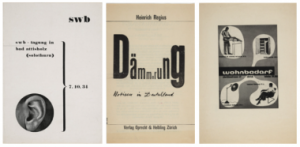Coleção de pôsteres de Max Bill: da esquerda para a direita, “Schweizerischer Werkbund”, “Dämmerung: Notizen in Deutschland”, “Wohnbedarf”; realizada na década de 1930.