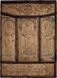 Ivory book cover. Late Antiquity Imperial scenes adapted to a Christian theme.