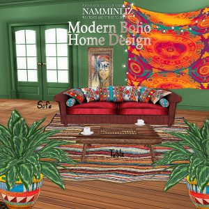 Modern Boho Home Decor drawn image, which uses vibrant oranges, reds, yellows and greens. 