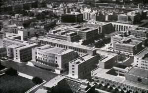 The new campus of Rome University (1935) by Marcello Piacentini: A black and white photo of the various school buildings. 