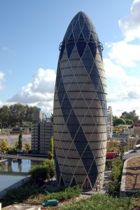 The Gherkin, informal name for the Swiss Building; 2001-2003, London; by Foster + Partners. 
