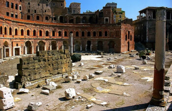 A photo of the Trajan Forum located in Rome, Italy which is a ruin. 
