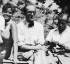 The designers Le Corbusier, Charlotte Perriand and Pierre Jeanneret: Black and white photo of the trio.