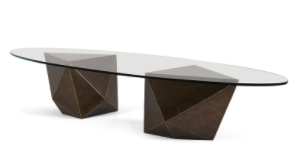 Stunning coffee table, clear tempered glass top and diamond shaped bases hand carved in wood.