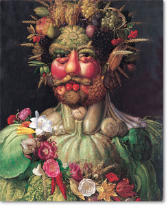 Giuseppe Archimboldo "Vertumnus (1590). O quadro representa um homem feito de frutos, legumes e plantas. 