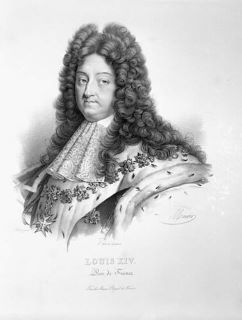 Un retrato esbozado en blanco y negro del rey Luis XIV de Francia con sus rizos.