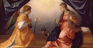 Andrea del Sarto – Annunciazione di San Gallo. La vírgen María aparece a la derecha con un vestido rojo, mientras el ángel, a la izquierda, habla con ella. 