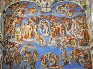 O Giudizio Universale de Michelangelo. As figuras são predominantemente anjos e nus. São utilizados azuis, verdes e vermelhos vivos na obra. 