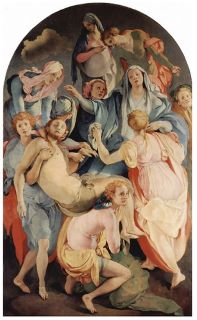 A Deposição de Cristo, de Pontormo. Pintada em forma de arco. Nove figuras com expressões tristes e preocupadas aparecem na obra, predominantemente vestidas de azul e vermelho. 
