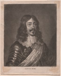 Ritratto in bianco e nero di Luigi XIII. Egli aveva una barba appuntita, dei piccoli baffi e i capelli alla lunghezza delle spalle. 