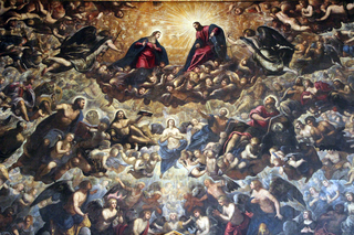 Paradiso 1588-94 di Tintoretto. Nel dipinto si possono distinguere tre diversi livelli. in cima, appare un uomo con una luce dorata e luminosa dietro di lui (probabilmente Gesù), e una donna alla sua sinistra (probabilmente Maria). 