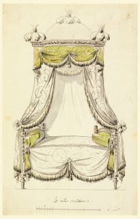 Mobiliário de estilo Luís XIV. Desenho de uma cama de estilo romano: tem um dossel com detalhes amarelos e duas almofadas amarelas em cada extremidade. 