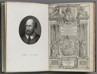 Los cuatro libros de la arquitectura de Andrea Palladio. En la foto, un retrato en un recuadro oval en la parte izquierda, a la derecha un dibujo detallado de columnas, estatuas y soldados.