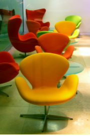Egg and Swan chairs in bright colors. 
