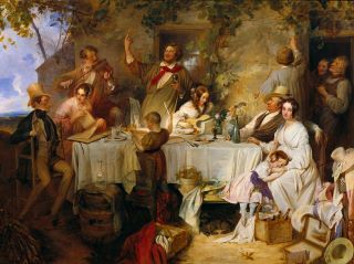 Vino, donne e canzoni, 1839, di Josef Danhauser. Dipinto raffigurante un gruppo di persone sedute intorno a un tavolo, in una foresta. 