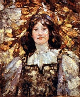 Outono por Bessie MacNicol Glasgow School. A pintura mostra uma mulher em primeiro plano, vestida com roupas típicas. 
