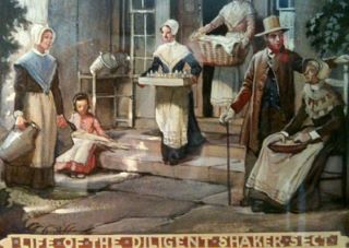 A vida do diligente Shaker. Pintura que retrata a vida simples dos Shakers. As mulheres organizam as tarefas domésticas - cozinhar, lavar a roupa e limpar. 