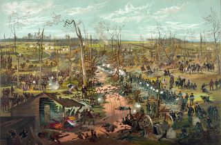 Batalha de Shiloh. pintura que retrata um ambiente queimado pela guerra. O dinheiro está espalhado pela paisagem e as árvores estão evidentemente a sofrer com os danos. 