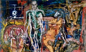 Quadro Neoespressionista, Hope di Julian Schnabel. Il dipinto si presenta quasi offuscato, con diverse figure inquietanti realizzate in colori brillanti e che si contrastano tra loro. 